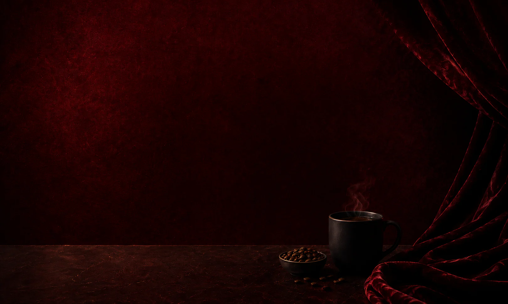 A steaming cup of Berunda coffee beside roasted beans on a crimson velvet table