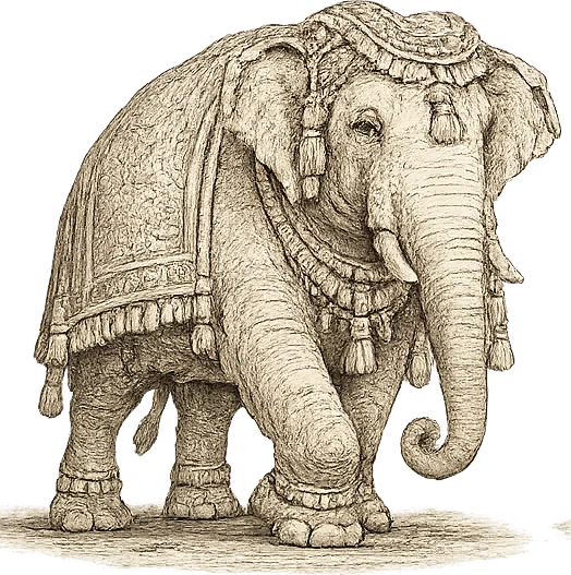 Gajendra — a caparisoned Mysore ceremonial elephant in sepia pen-and-ink