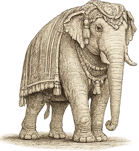 Dhrona — a caparisoned Mysore ceremonial elephant in sepia pen-and-ink