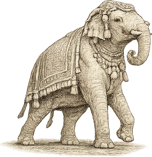 Arjuna — a caparisoned Mysore ceremonial elephant in sepia pen-and-ink