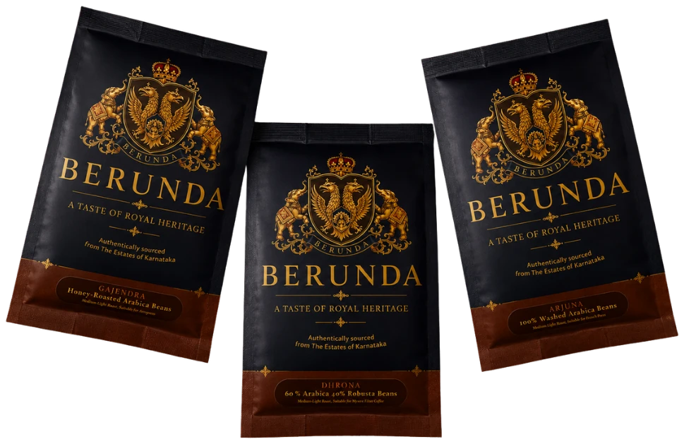 The three Berunda coffee sachets — Gajendra, Dhrona and Arjuna — each carrying the gold Berunda crest